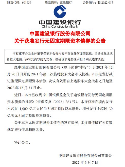 建设银行：400亿元无固定期限资本债券赎回完成