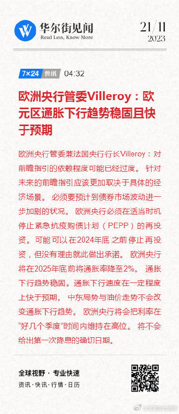 欧洲央行管委Villeroy呼吁继续降息 因通胀达标在望