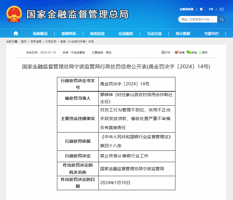 代县农村信用合作联社违法发放贷款：时任理事长被禁业终身 时任主任被取消高管任职资格终身