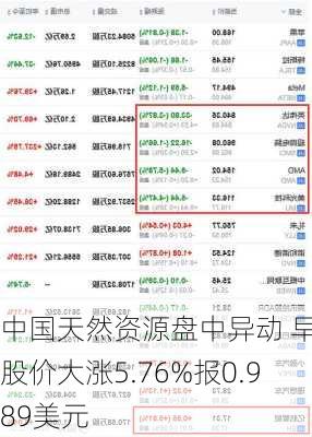 中国天然资源盘中异动 临近午盘急速下跌5.65%报0.591美元