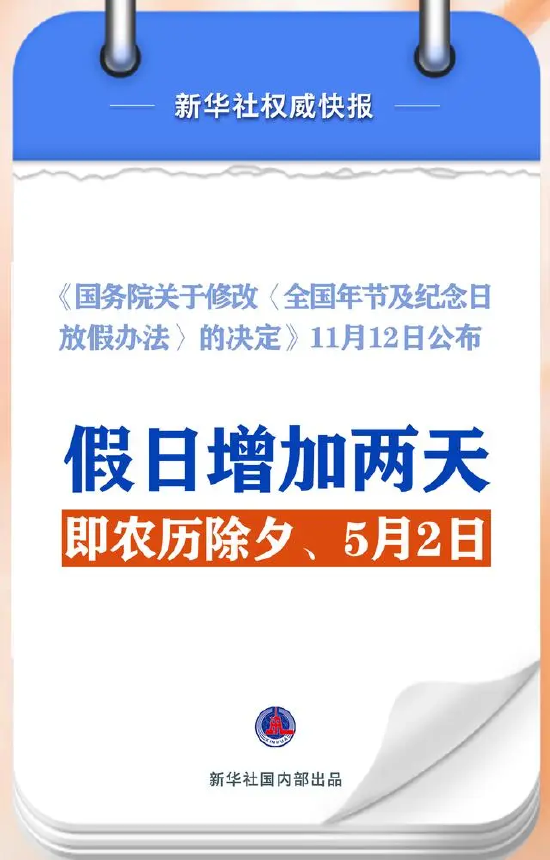 春节和劳动节各增1天！2025年放假安排来了